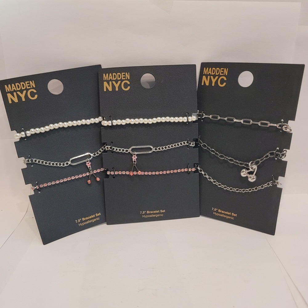 Madden NYC 7.5" Bracelet Set Hypoallergenic Cherry Pearl Rhinestone 3pc New